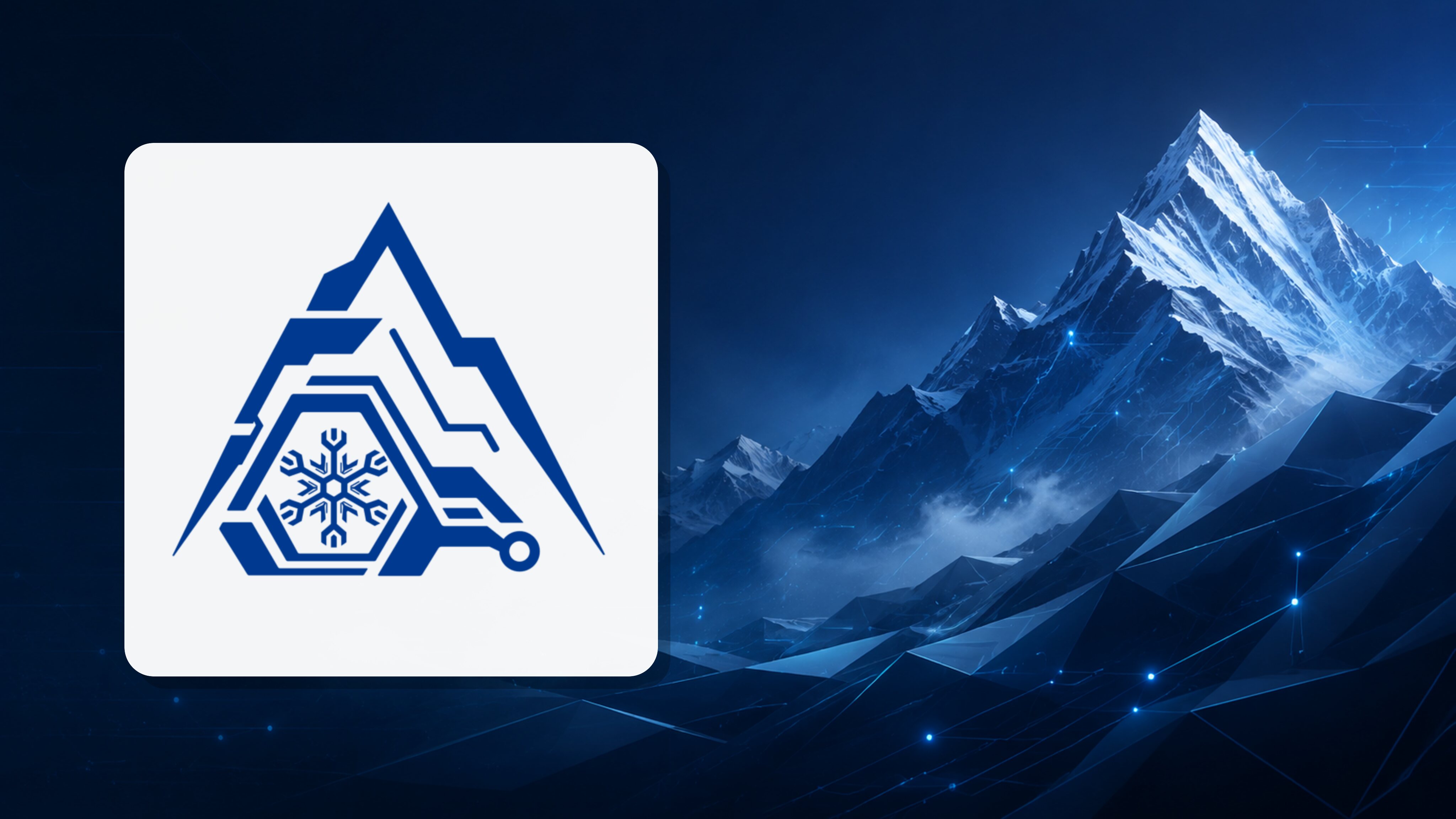 A futuristic digital mountain landscape with the Himyantra symbol