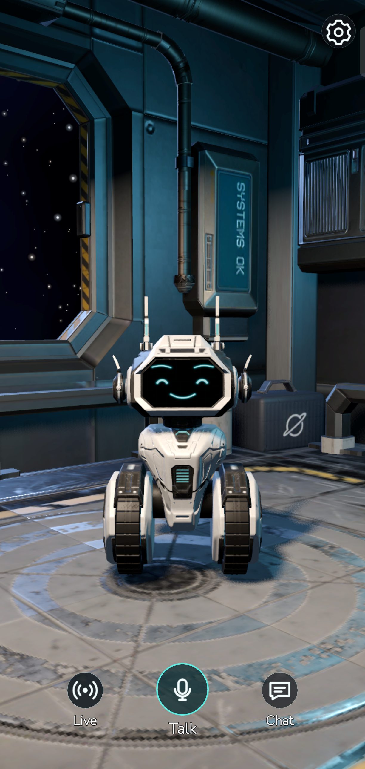 Max, a small white robot with a glowing face screen, smiling in his space-station room