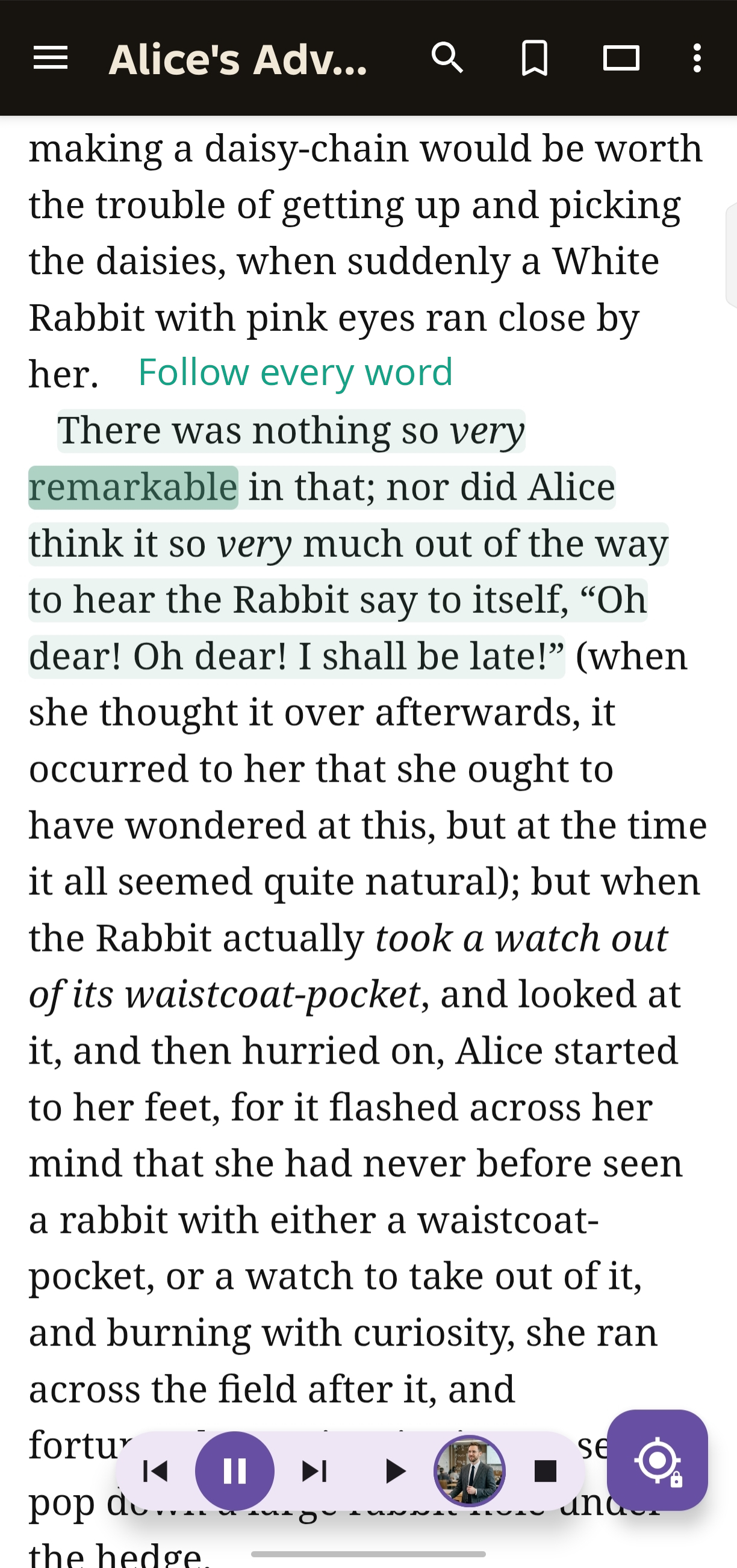 SnowReader reading a book aloud with synchronized highlighting